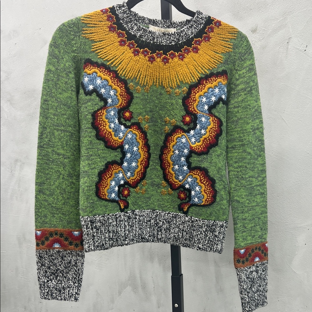 Valentino Green Sweater with Multicolor Patterns